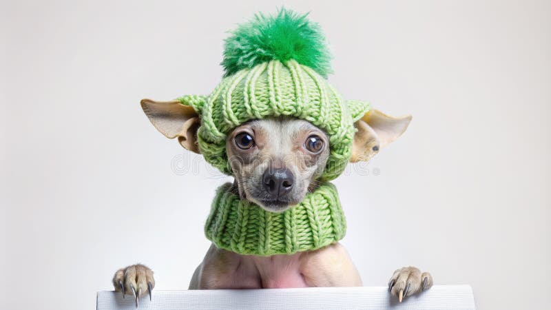 Chow Chow Cute Cute Cute con occhi espressivi pubblicizza il cappello verde a maglia e il maglione su fondo semplice. Un cane affascinante mostra un cappello verde a maglia e un maglione che sbircia curiosamente su una superficie di legno.. I suoi grandi occhi e il suo comportamento giocoso portano gioia e calore. Generato dall'AI
