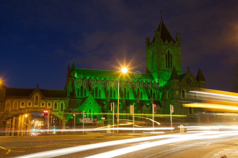 Christ Church Cathedral in Dublin, Ireland lit up green for St Patrick`s Day. royalty free stock photo Christ Church Cathedral in Dublin, Ireland lit up green for St Patrick`s Day. royalty free stock photo