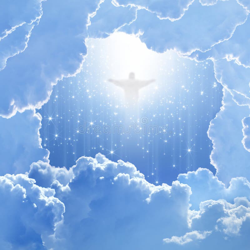 Christ in sky, easter. Jesus Christ in blue sky with white clouds and falling stars - heaven, easter stock images