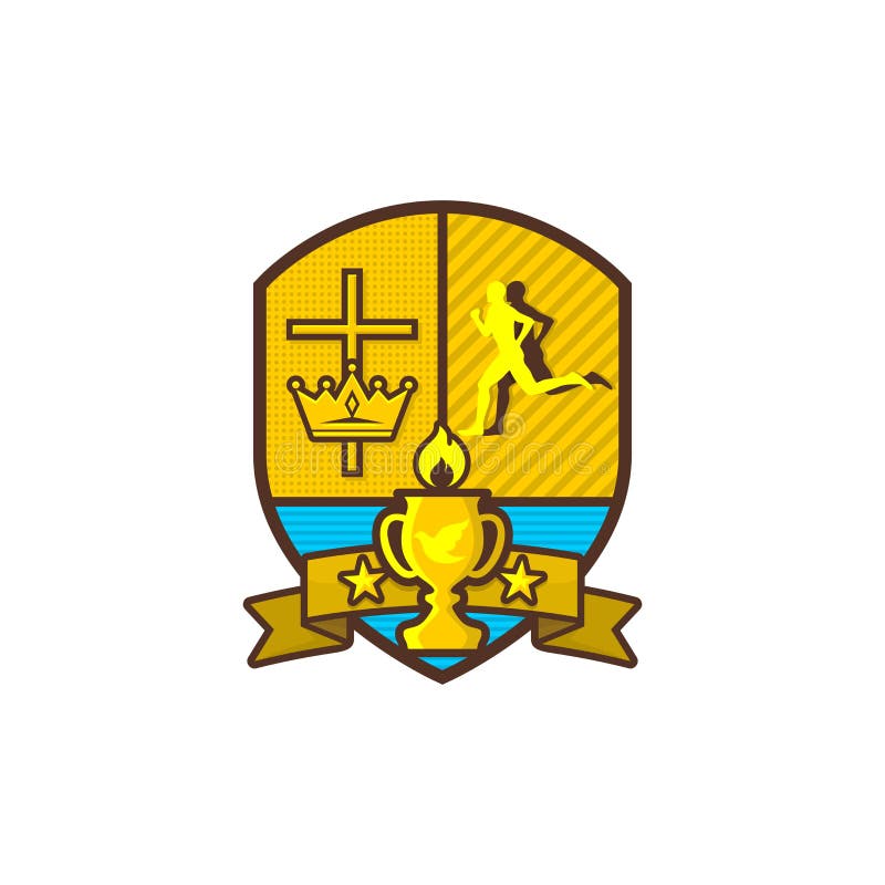 Christ trägt Logo zur Schau Schild und Becher, Kreuz von Jesus, Krone von König Laufender Mann Emblem für Wettbewerb, Club, Lager stock abbildung Christ trägt Logo zur Schau Schild und Becher, Kreuz von Jesus, Krone von König Laufender Mann Emblem für Wettbewerb, Club, Lager stock abbildung