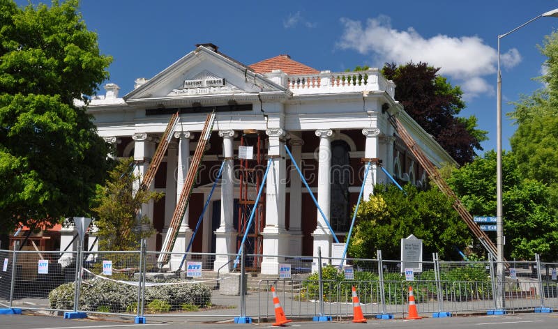 21 November 2010 - Christchurch, New Zealand. The Baptist church on the corner of Madras Street, overlooking the Avon River is severely damaged by the Christchurch earthquake. Props support the walls and roof of this landmark building. 21 November 2010 - Christchurch, New Zealand. The Baptist church on the corner of Madras Street, overlooking the Avon River is severely damaged by the Christchurch earthquake. Props support the walls and roof of this landmark building.