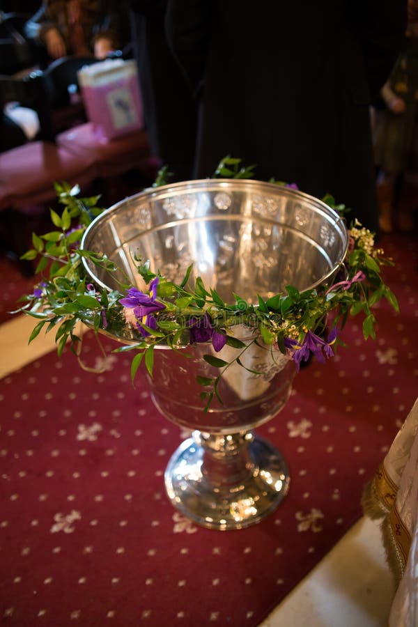Christening Bowl with Flower Decoration Stock Photo Image of baby