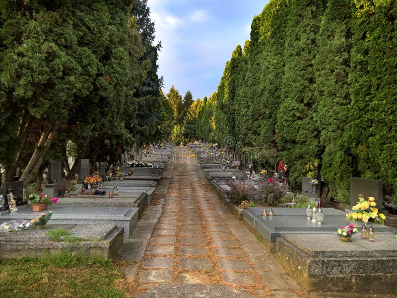Christian Cemetery with Graves and Spaces for Cremation. Stock Photo