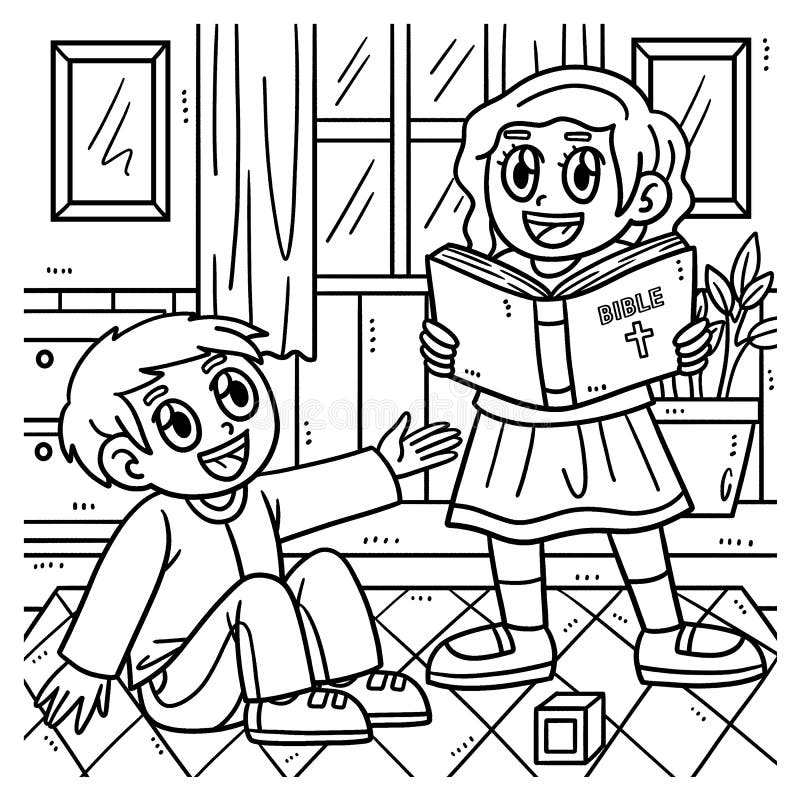 Christian Children Reading Bible Coloring Page Stock Vector ...