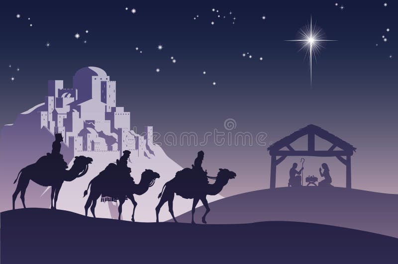 Illustrazione Cristiane tradizionali di Natale Presepe con i tre magi, andando incontro a Gesù bambino nella mangiatoia.