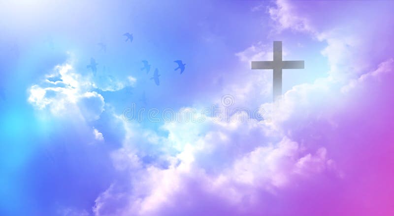 Christian cross appeared bright in the sky with soft fluffy clouds, white, beautiful colors