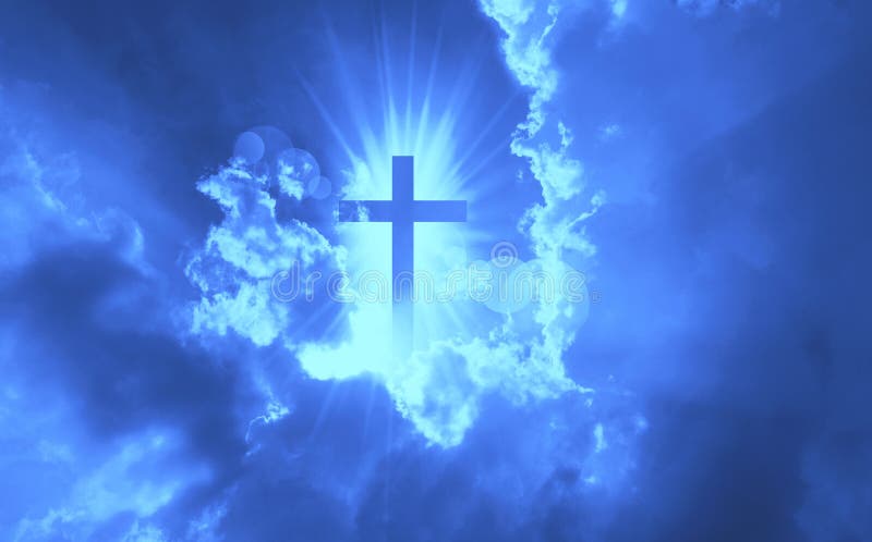 Christian cross appears bright in the dark blue sky