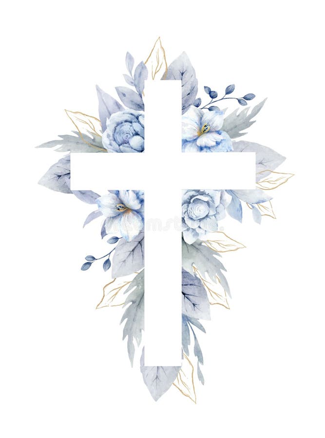 Christian cross with blue flowers and leaves. Easter catholic religious symbol. Vector illustration for Epiphany, Christening, baptism, cards, paper, invitations.