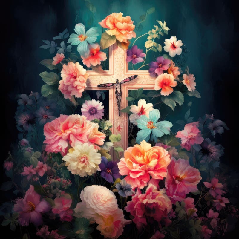 christian cross with flowers easter cross Cross with flowers Jesus in my heart concept christian flowers religious church easter