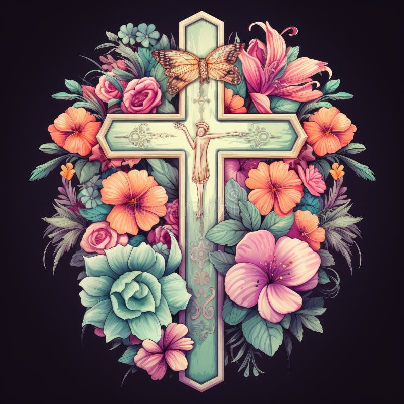 christian cross with flowers easter cross Cross with flowers Jesus in my heart concept christian flowers religious church easter