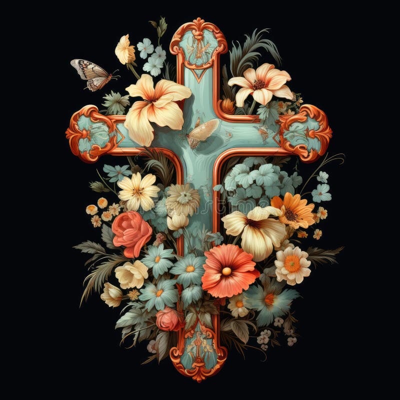 christian cross with flowers easter cross Cross with flowers Jesus in my heart concept christian flowers religious church easter