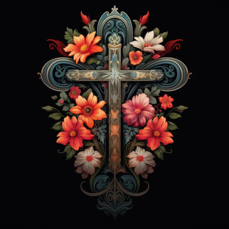 christian cross with flowers easter cross Cross with flowers Jesus in my heart concept christian flowers religious church easter