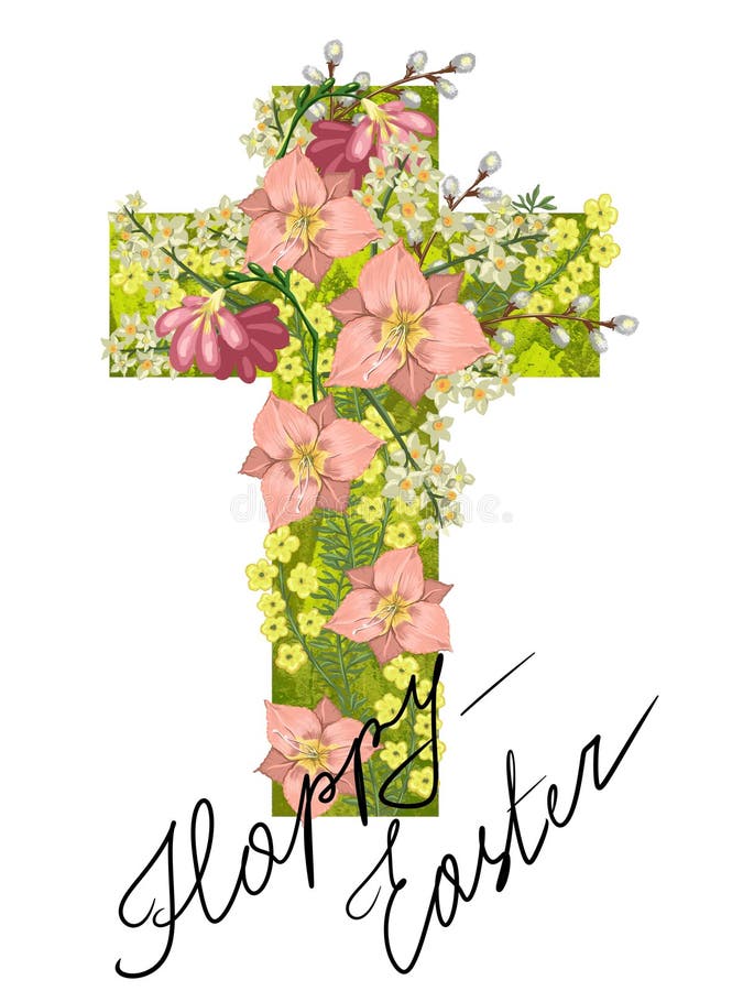 Christian cross in flowers. Religious concept. Easter card or church invitation