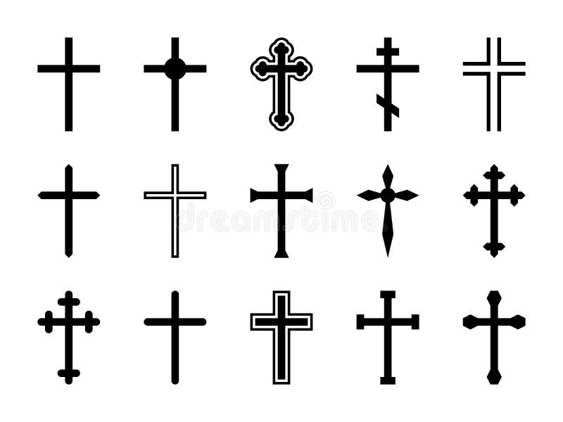 Christian cross. Jesus Christ crucifix, different shapes of orthodox and catalytic crosses religious silhouette signs