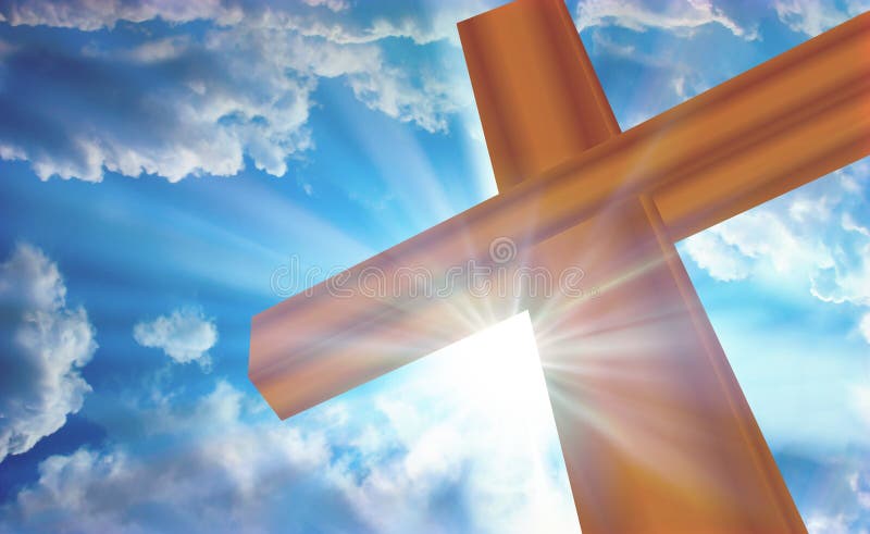 Christian cross in sun light over blue sky, victory, forgiveness, joy