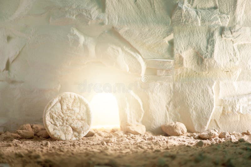 Christian Easter concept. Jesus Christ resurrection. Empty tomb of Jesus with light. Born to Die, Born to Rise. He is. Not here he is risen . Savior, Messiah stock image