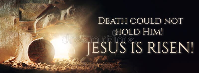 Christian Easter concept. Jesus Christ resurrection. Empty tomb of Jesus with light. Born to Die, Born to Rise. He is. Not here he is risen . Savior, Messiah stock photography