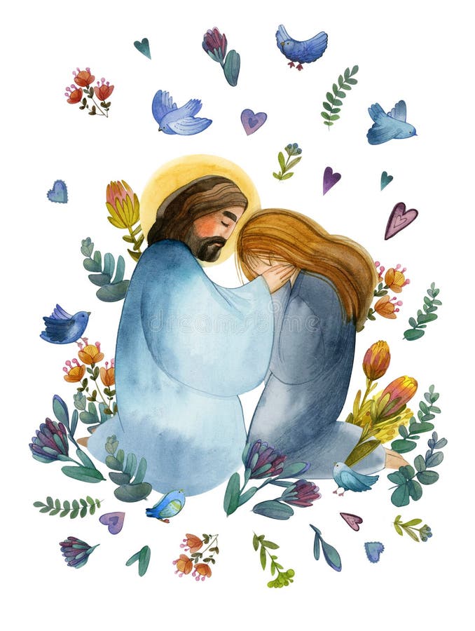 Christian illustration of Jesus Christ the comforter, comforting a crying woman, flowers and birds around. For religious prints, publications, magazine design. The Gospel Message