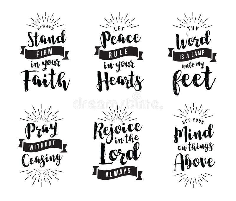 Christian Vector Biblical Emblem Set, Stand Firm in the Faith, Let Peace Rule in your Hearts, Thy Word is a Lamp unto my feet, Pray without ceasing, Rejoice in the Lord, 6 designs in collection