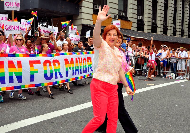 New York City Council Speaker Christine Quinn, the front runner for Mayor of NYC in the 2013 elections, marching in the 2013 Gay Pride Parade on Fifth Avenue *. New York City Council Speaker Christine Quinn, the front runner for Mayor of NYC in the 2013 elections, marching in the 2013 Gay Pride Parade on Fifth Avenue *