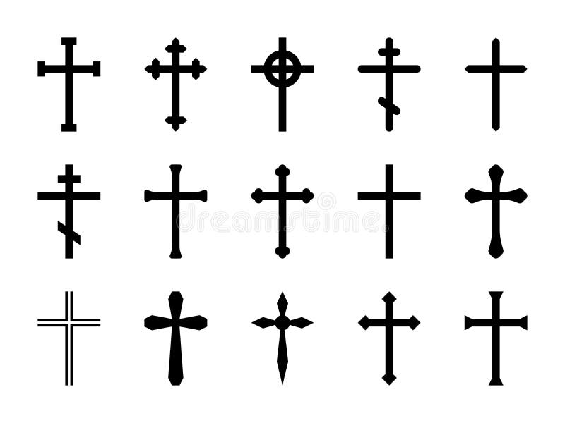 Christliche Kreuze. katholisch-orthodoxes und keltisches Kreuzkruzifix. Glaube und Gebet religiöse Kirche Zeichen Vektor isoliert