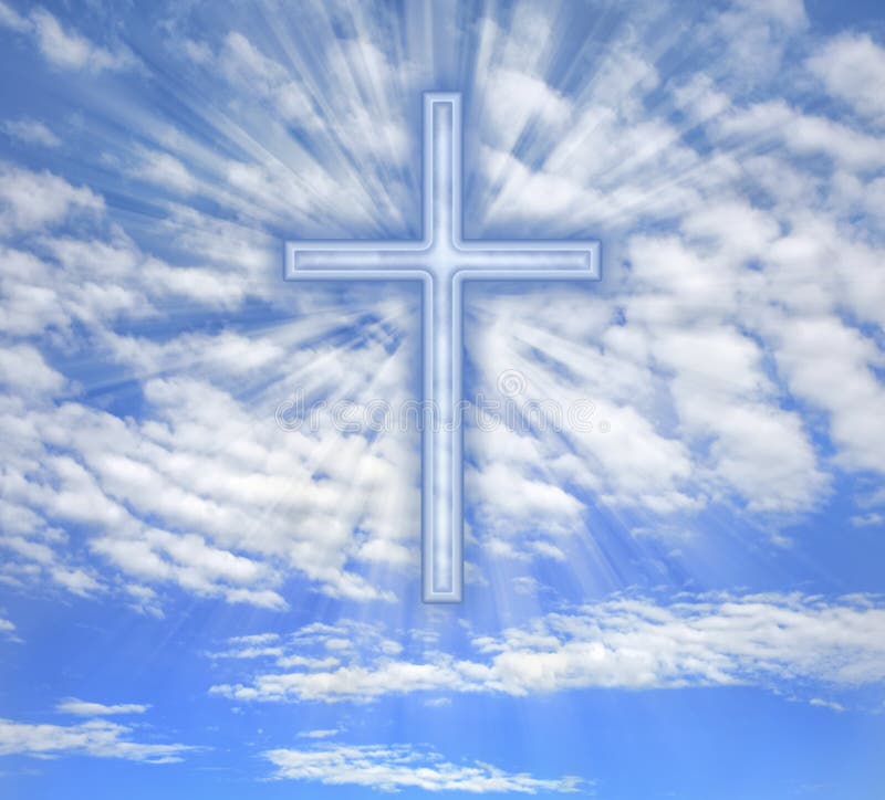 Christliches Kreuz mit Lichtstrahlen über Himmel