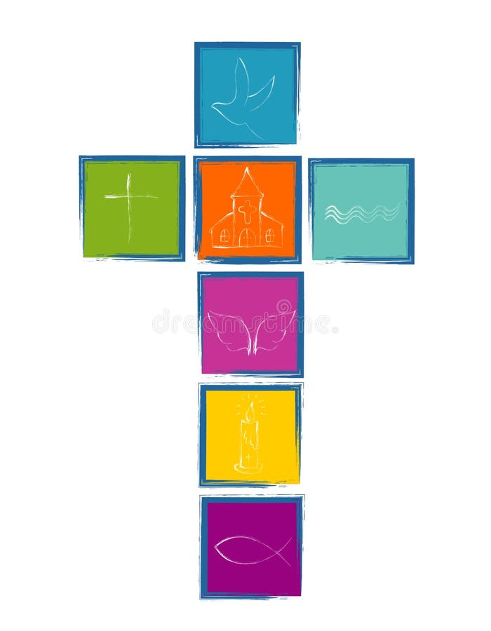Christliches Kreuz mit religiösen Symbolen Kreuz mit bunten Quadrate Christsymbolen stock abbildung Christliches Kreuz mit religiösen Symbolen Kreuz mit bunten Quadrate Christsymbolen stock abbildung
