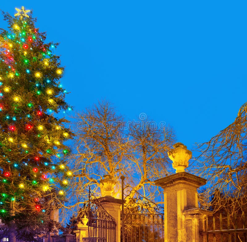 Christma Tree with Old Gateway Stock Image Image of lights, gateway