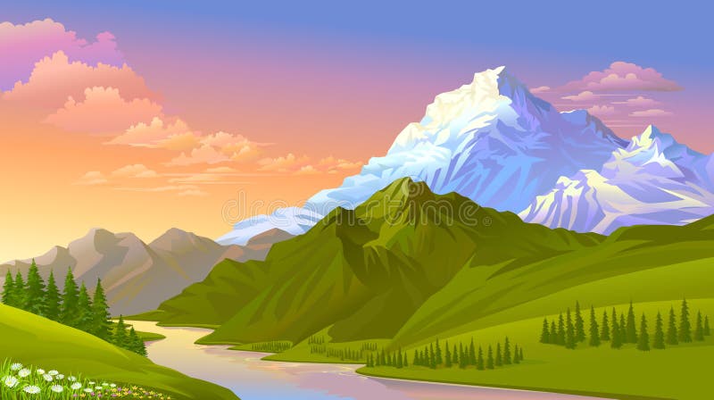 The sun setting on the icy mountains, hills covered with green meadows and fresh water. vector illustration