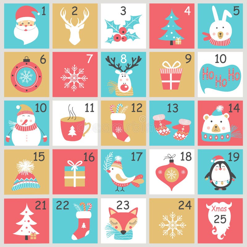 Christmas Advent calendar with hand drawn elements. Xmas Poster.