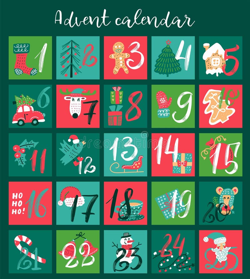 Christmas Advent calendar with hand drawn elements. Xmas Poster. Vector illustration for 25 december days