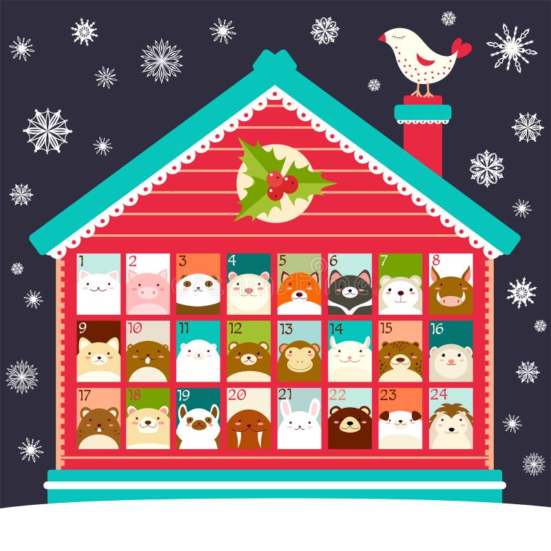 Christmas Advent Calendar with Cute Cartoon Cats Stock Vector