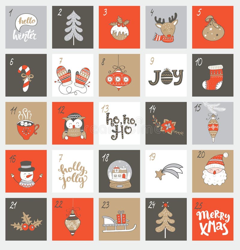 Christmas Advent Calendar with Symbols. Stock Vector Illustration of
