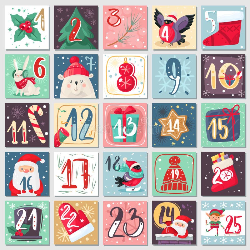 Christmas advent calendar. Winter festive poster with rabbit, bear and santa, xmas decoration and numbers, december