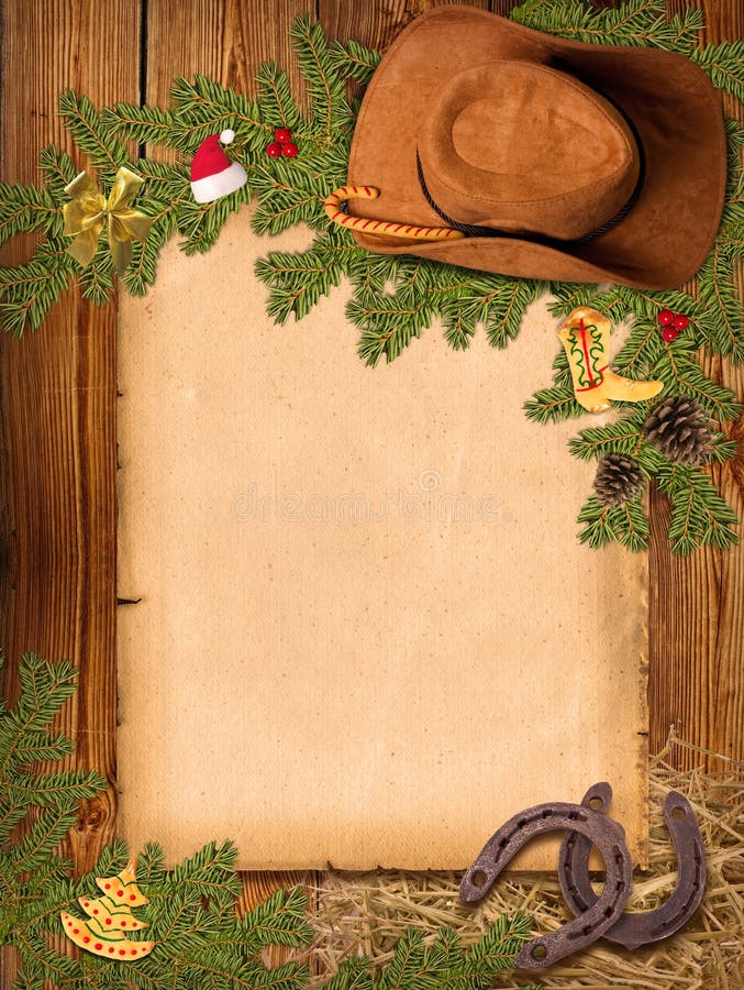 Christmas American western background with cowboy hat and old pa