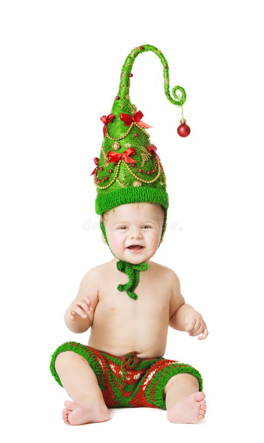 Christmas Baby Kid in Green Hat Decoration As Xmas Tree Child