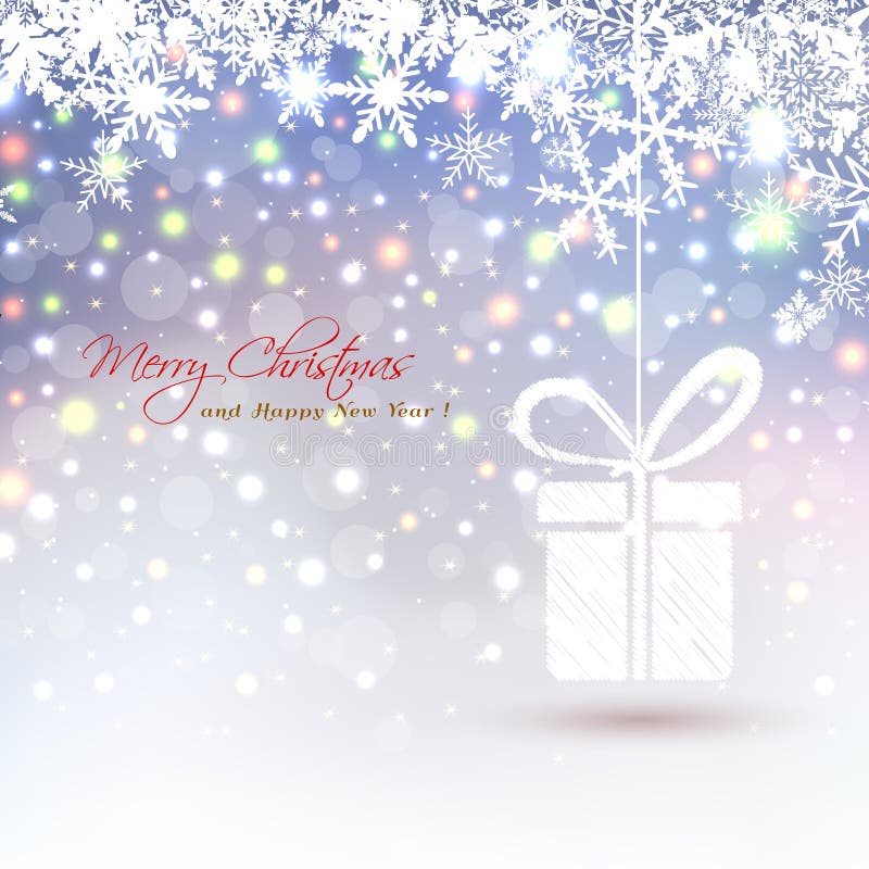 Christmas background with abstract hanging gift box snowflakes and colored lights royalty free illustration Christmas background with abstract hanging gift box snowflakes and colored lights royalty free illustration
