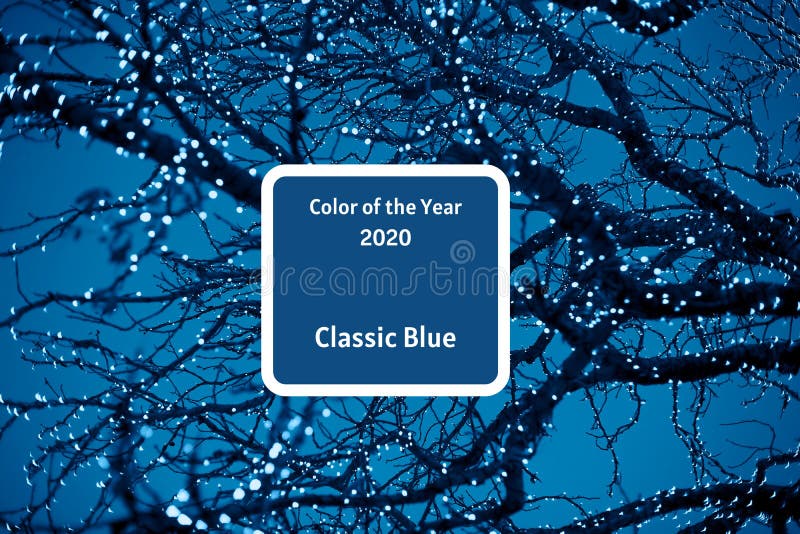 Christmas background. Christmas blue lights on a tree in a dark blue sky. concept of color of 2020. Main trend of the year