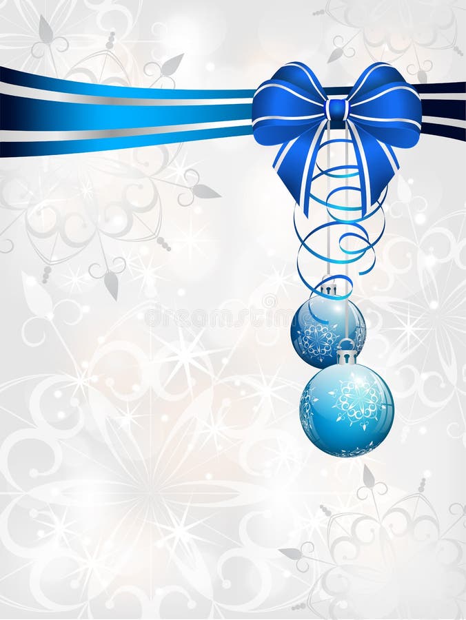 Christmas background with blue ribbon and balls