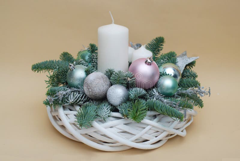 Christmas background with candles and decorations. Pink globes and fir branches stock image Christmas background with candles and decorations. Pink globes and fir branches stock image