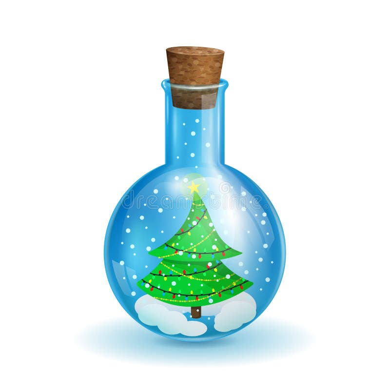 Chemical flask with a Christmas tree in the form of a snow globe on a white background. Chemical flask with a Christmas tree in the form of a snow globe on a white background