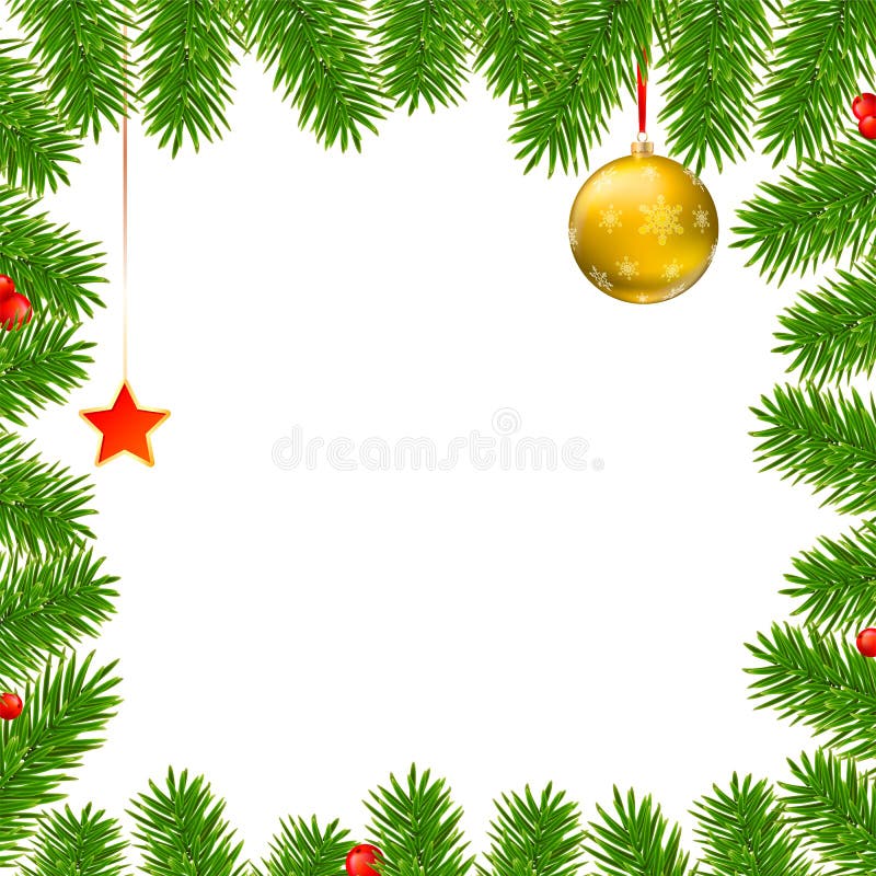 Christmas background with fir branches, red berries, New Year balls and star