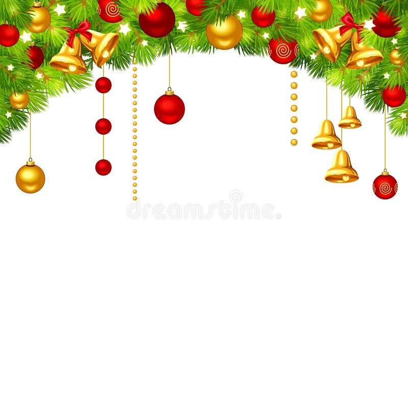Christmas background with fir branches, red and gold balls, bells and stars. Vector illustration.