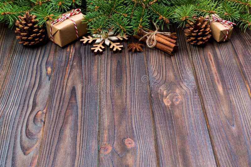 Christmas Background with Fir Tree and Gift Box on Wooden Table. Top ...