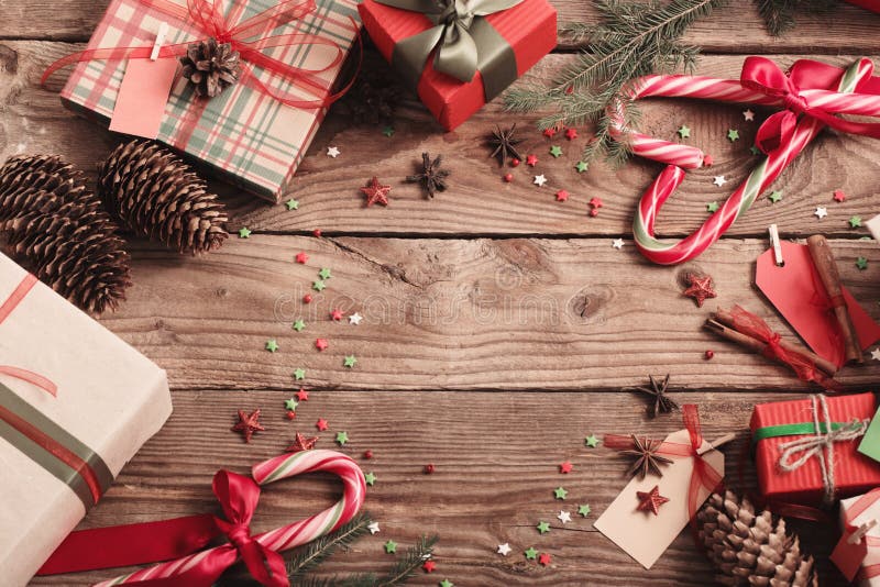 Christmas Holiday Background with Gifts and Copy Space Stock Photo