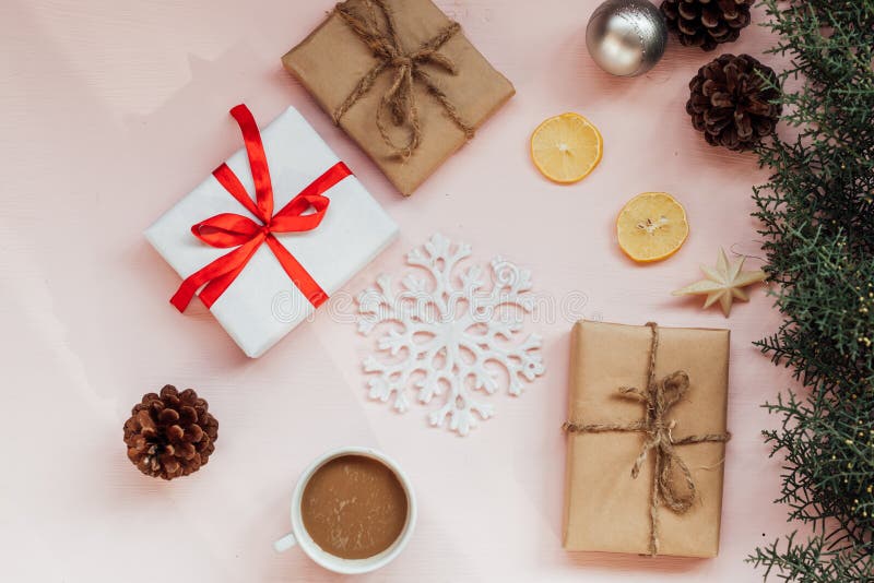 Christmas Background with Gifts and Christmas Tree Tea Cup Fruit Stock