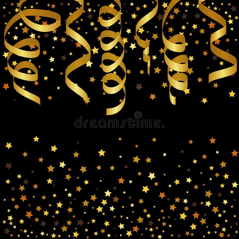 Christmas background with gold streamers and star confetti.
