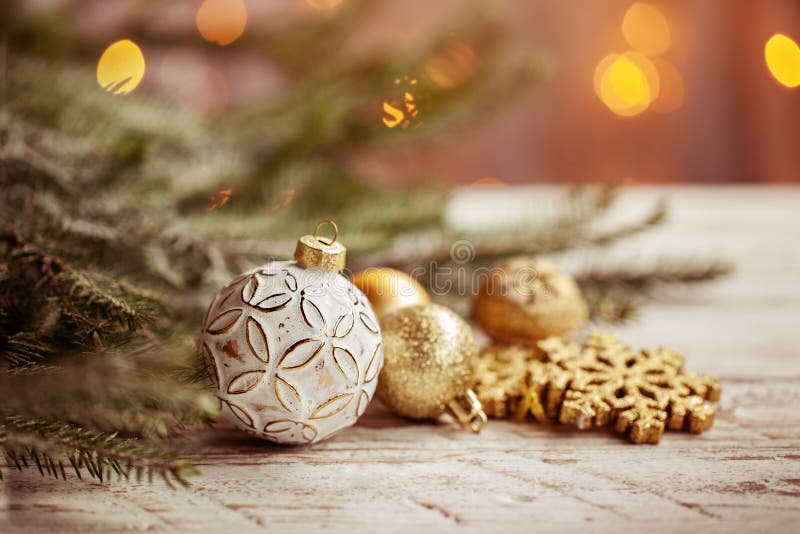 Christmas Background with Golden Christmas Balls, Snowflake and ...