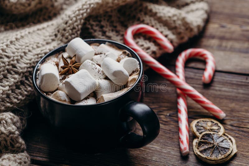 Christmas background with hot chocolate and sweets