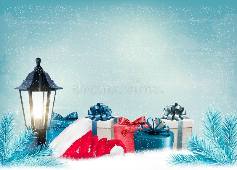 Christmas background with a lantern and presents. royalty free illustration